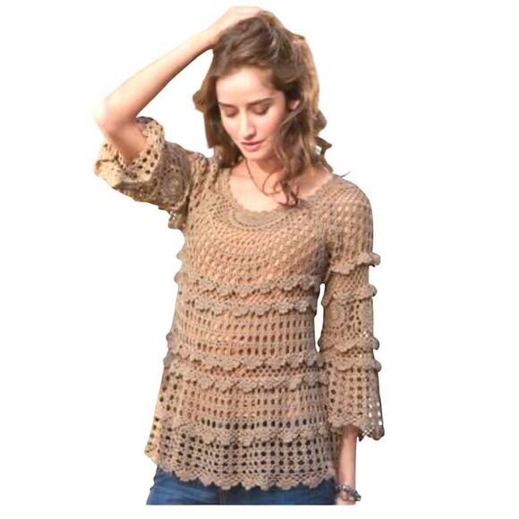 Sundance Sweaters - SUNDANCE light brown crochet knit sweater with ruffle layers Sz S boho, hippie